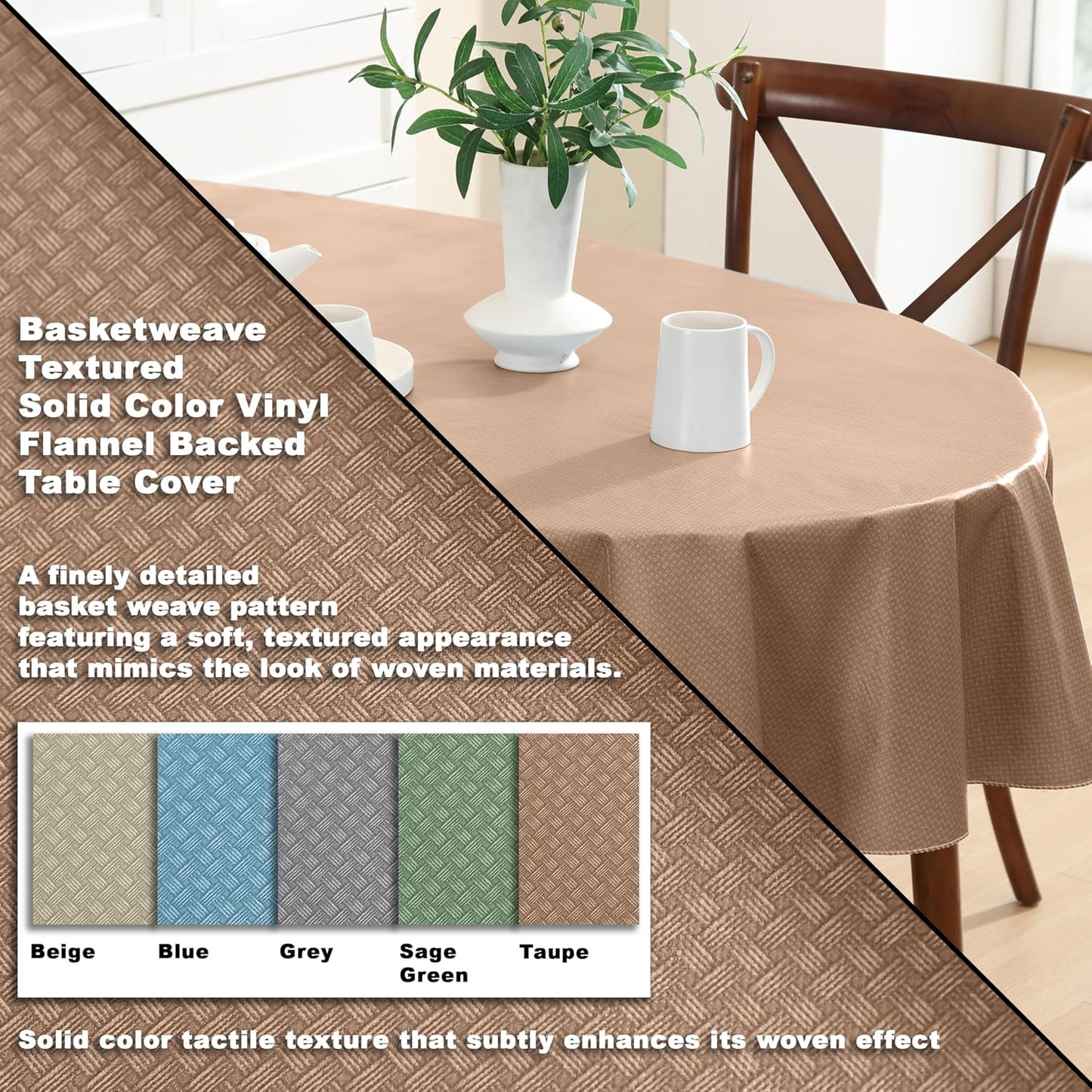 Newbridge Basketweave Vinyl Flannel Backed Tablecloth, 60 x 84 Inch Oval, Taupe, Basket Weave Textured Indoor Outdoor Waterproof Table Cover for Patio, Kitchen, Dining