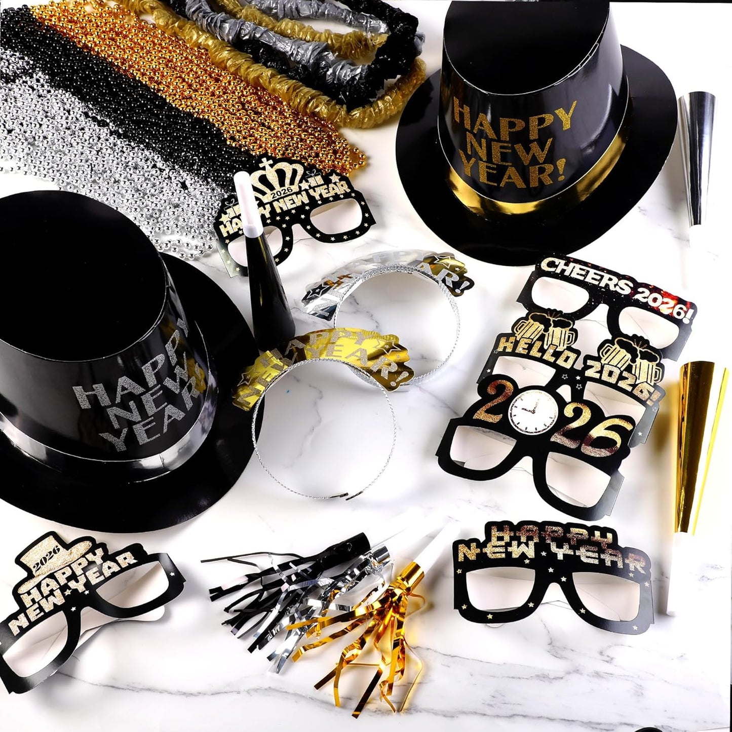 Fovths 264 Pieces 2026 New Years Eve Party Supplies Includes Glasses Top Hats Headband Noisemakers Horns Bead Necklaces Plastic Leis New Year Party Favors for Celebration Decoration Gift