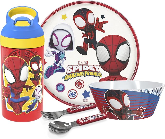 Zak Designs 5-Piece Dinnerware Set, Marvel Spidey and His Amazing Friends - Durable Plastic & Stainless Steel - Includes Water Bottle, Plate, Bowl, Fork & Spoon - Suitable for Kids Ages 3+