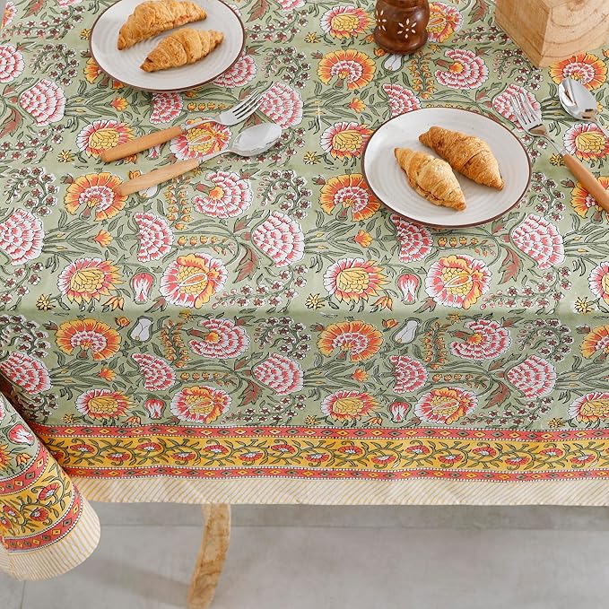 Labhanshi Indian Hand Block Print Rectangle Table Cloth for Kitchen Dining Table|Cotton Floral 8 Seater Picnic Camping Outdoor Table Cover|Spring Easter Decor 72X108 Inch|Burnt Orange