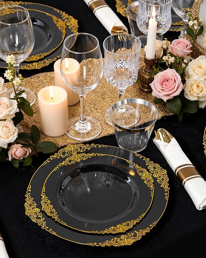 Nervure 100PCS Black Gold Plastic Plates - 7.5 inch Black Plastic Plates with Gold Rim - Disposable Dessert Plates for Wedding & Party