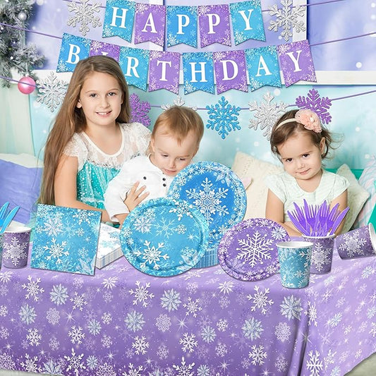 143pcs Birthday Party Decoration Snowflake Themed Tableware Winter Birthday Baby Shower Christmas Party Favors for Kids Including Plates,Napkins,Tablecloth,Banner,Cups
