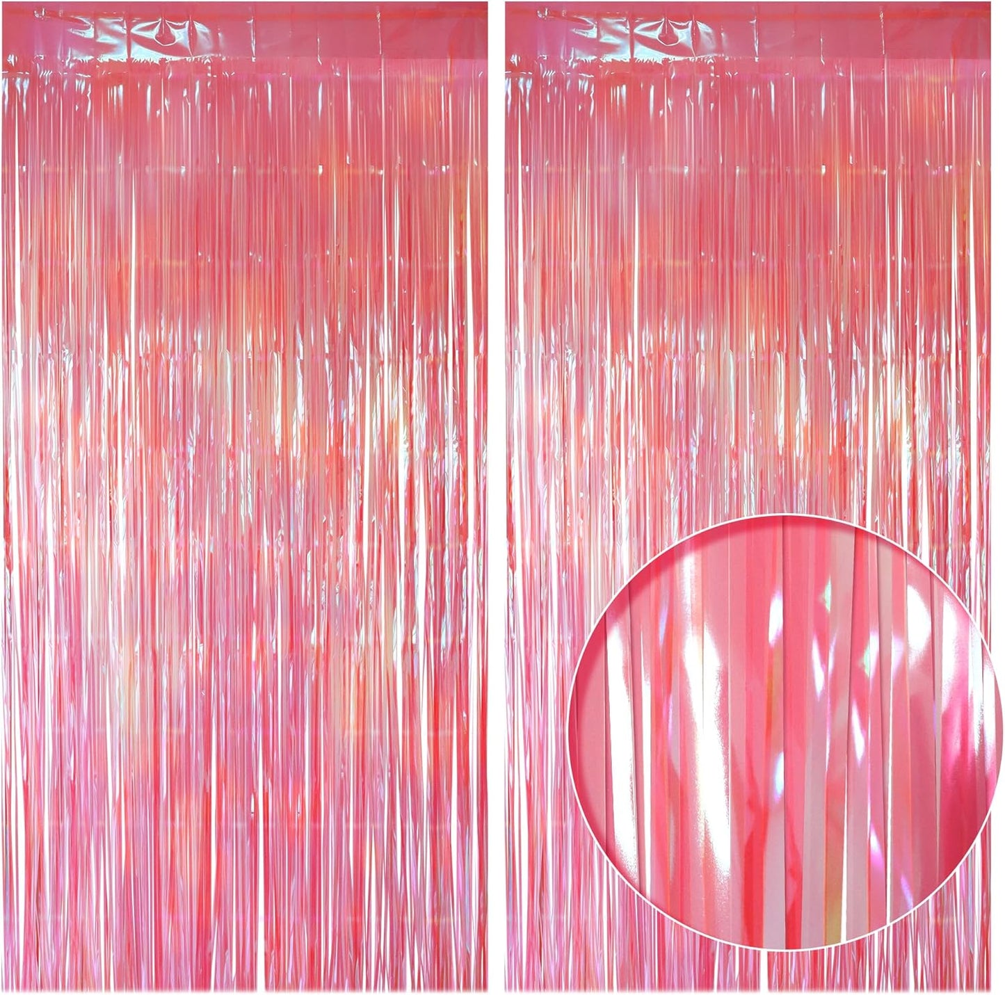 2 Pack Pink Iridescent Streamers Backdrop, 3.3x6.6ft Foil Fringe Curtains Holographic Door Tinsel Streamers for Birthday, Wedding, Holiday, Bachelorette, Baby Shower Theme Party Decorations