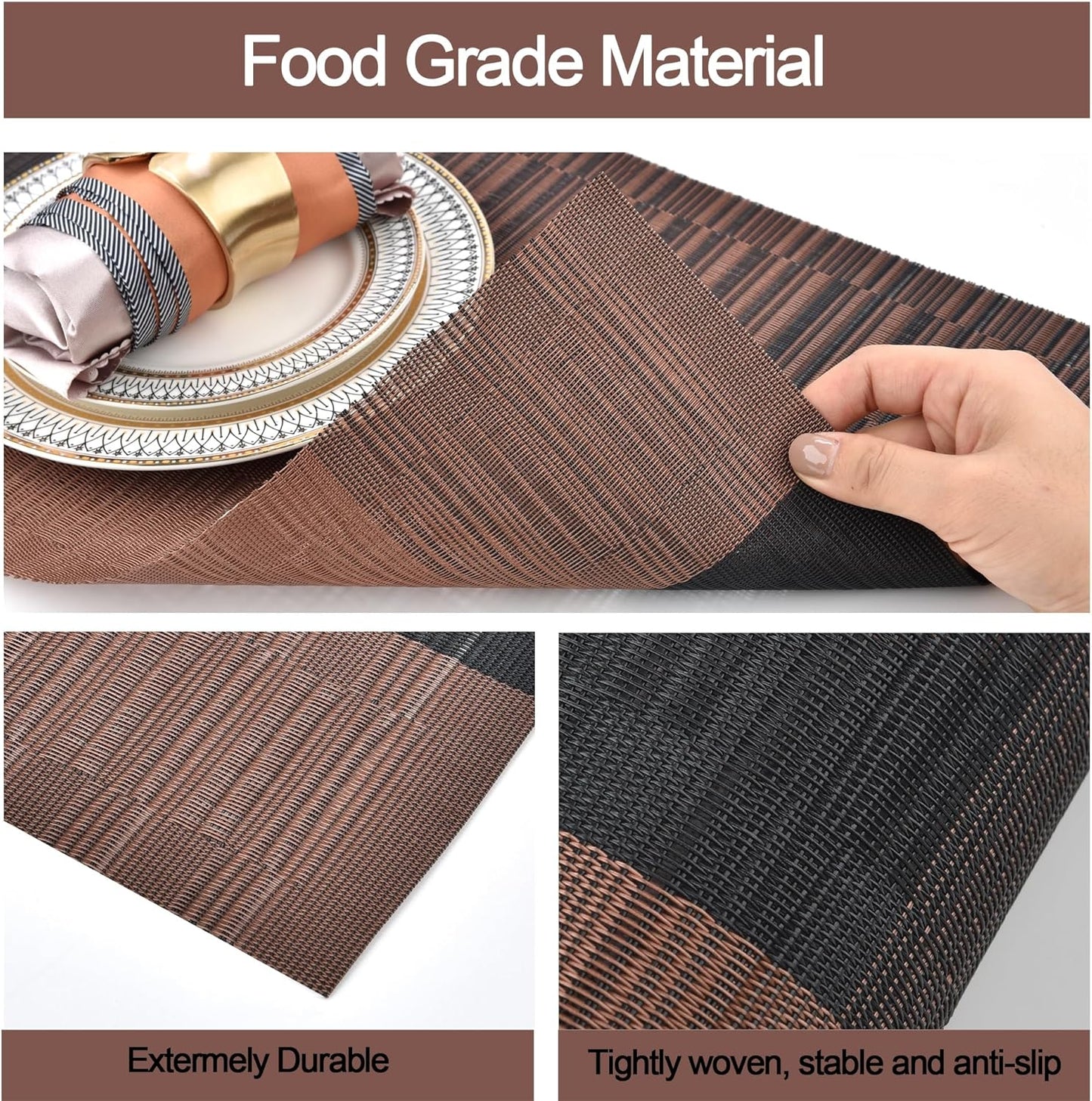 SLKQG Placemats Set of 8 - Easy Clean Modern Durable Washable Vinyl Place Mats - Heat Resistant Placemats for Kitchen Table - PVC Table Mats for Dining Table (Brown Black, 8)