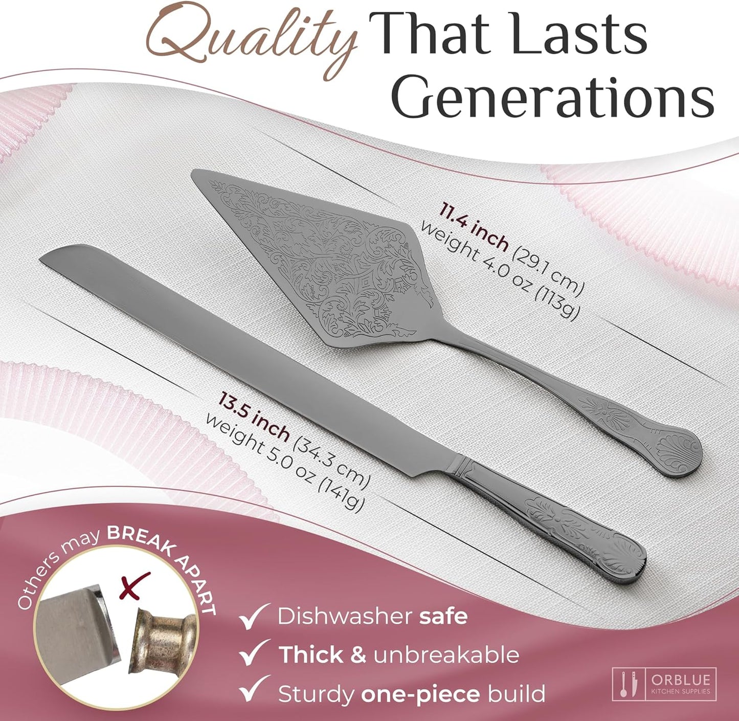 Orblue Wedding Cake Knife and Server Set - Premium, Beautifully Engraved Cutting Set - Elegant Keepsake for Newlyweds Black