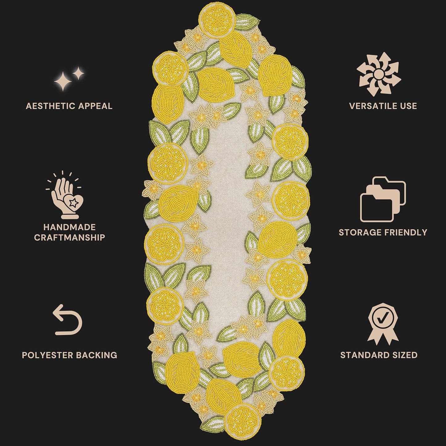 Beaded Table Runner - Handcrafted Lemon Design, Glass Beads & Polyester, Farmhouse Rustic Dining Kitchen Decor, Elegant Modern Luxury Holiday Seasonal Bridal (Yellow) - CLEEENTABLE