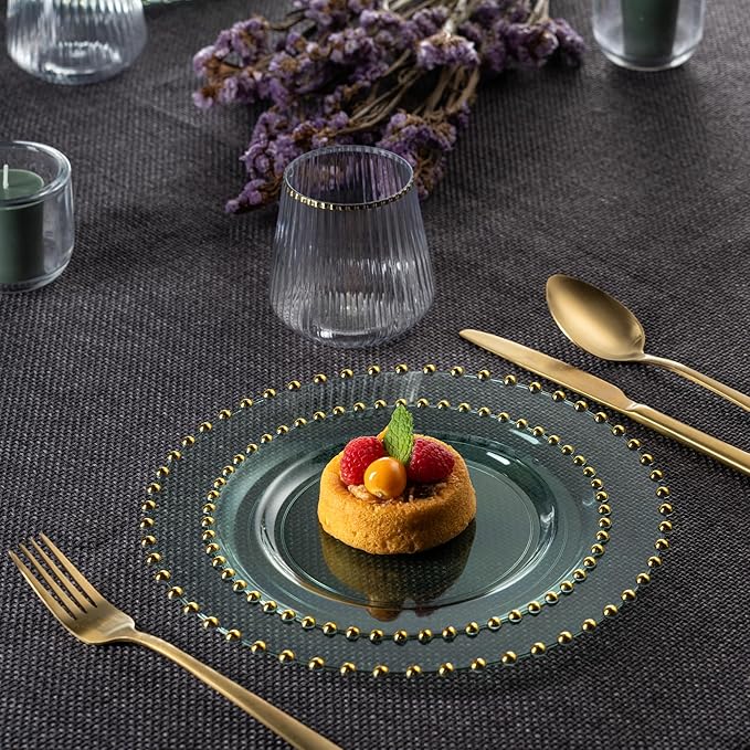 PLASTICPRO 128 Piece Combo Plastic Dinner Plates Disposable Plastic Fancy Heavy Duty Party Dishes 7 inch and 10 inch, Translucent Green and Gold Beaded