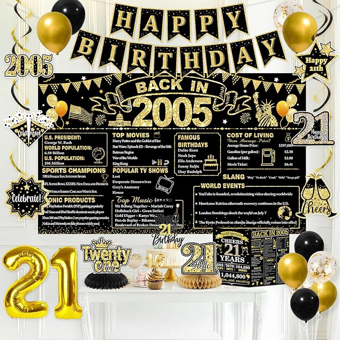 21st Birthday Decorations for Him, Black Gold Back in 2005 Party Supplies Kit with Sash, Banner, Backdrop, Balloons, Cake Topper & Honeycomb Centerpieces, 21 Year Old Birthday Party Decor Set