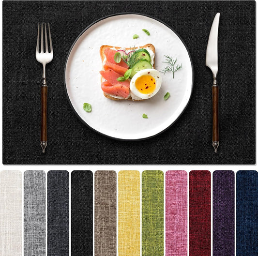 Blue Forest Placemats Set of 8, Dual-Layered Thickened Faux Linen Cloth Place Mats Heat Resistant Machine Washable Wrinkle Free Table Mats Indoor/Outdoor (Black)