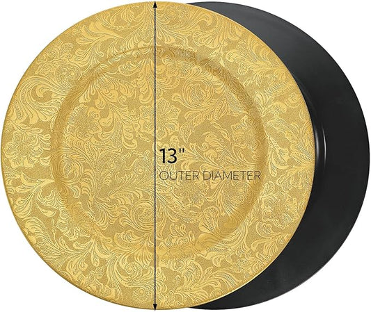 ZOOFOX 12 Pack Gold Charger Plates, 13" Plastic Round Antique Plate Chargers for Dinner Plates, Floral Charger Plates for Wedding Dinner Party Table Setting Decor