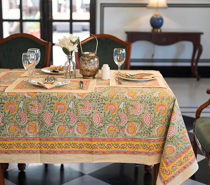 Labhanshi Indian Hand Block Print Rectangle Table Cover for Kitchen Dining Table|6 Seater Picnic Camping Outdoor Cotton Fall Table Cloth|Spring Easter Table Cloth Decor 60 X 90 Inches Burnt Orange