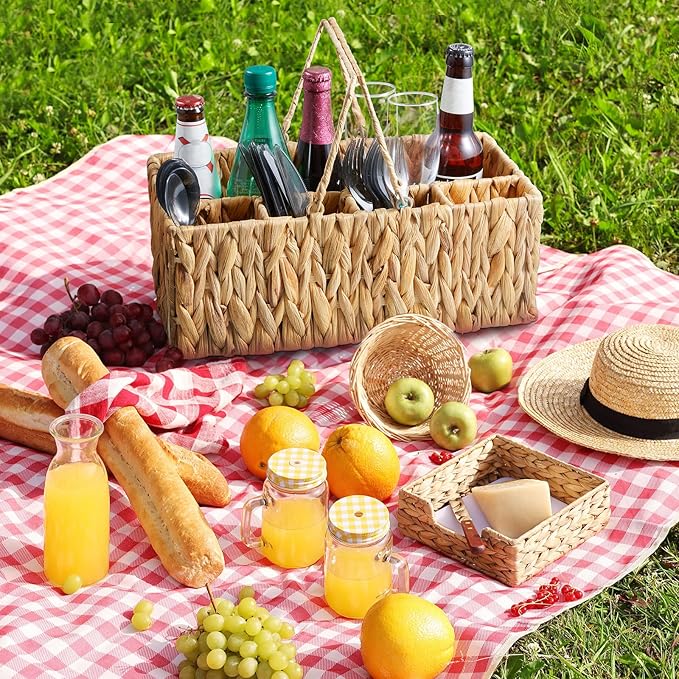 Silverware Holder for Party, Wicker Utensil Caddy, Woven Picnic Caddy for Plates, Water Hyacinth Cutlery Basket, Hosting Essentials Organizer