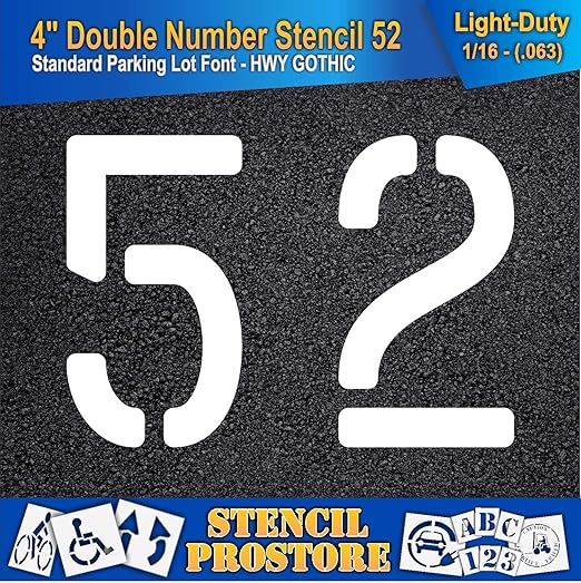 Pavement, Curb, and WheelStop Stencils - 4 inch Double Number Stencil - (52) - 4" x 5.5" x 1/16" (63 mil) - Light-Duty