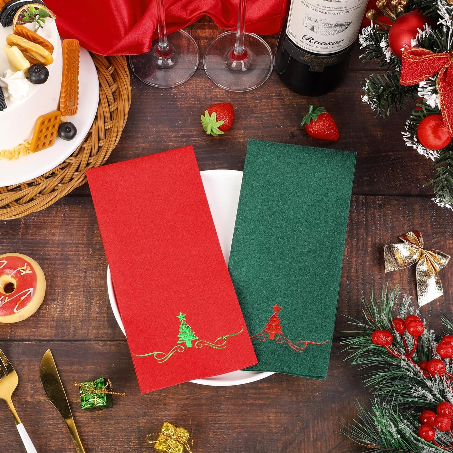 100 Pack Christmas Disposable Guest Napkins 12 x 17 Inch Red and Green Foil Christmas Trees Napkins Xmas Tree Hand Towels for Bathroom Kitchen Weddings Christmas Holiday Party