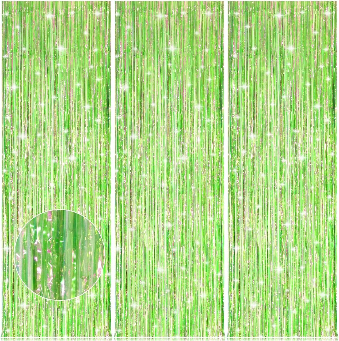Accevo 3Pack Neon Green Party Streamers 3.2x8.2 Feet Metallic Foil Fringe Curtains Tinsel Streamers Party Decor Door Streamers Photo Booth for Christmas New Year St. Patrick's Day Party Decorations