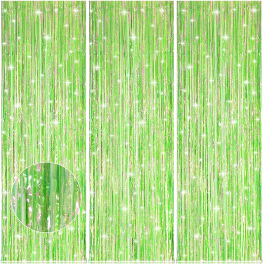 Accevo 3Pack Neon Green Party Streamers 3.2x8.2 Feet Metallic Foil Fringe Curtains Tinsel Streamers Party Decor Door Streamers Photo Booth for Christmas New Year St. Patrick's Day Party Decorations
