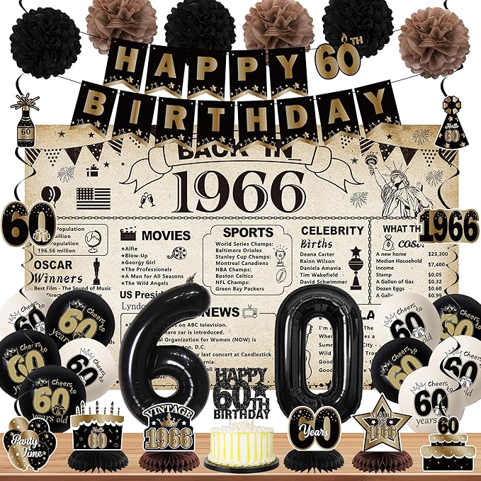 DARUNAXY 60th Birthday Party Decorations for Men Women, Vintage Back in 1966 Banner, Black 60 Number Balloons & Cake Topper, Vintage 1966 60 Birthday Honeycomb Hanging Swirl Confetti Balloons(30PC)