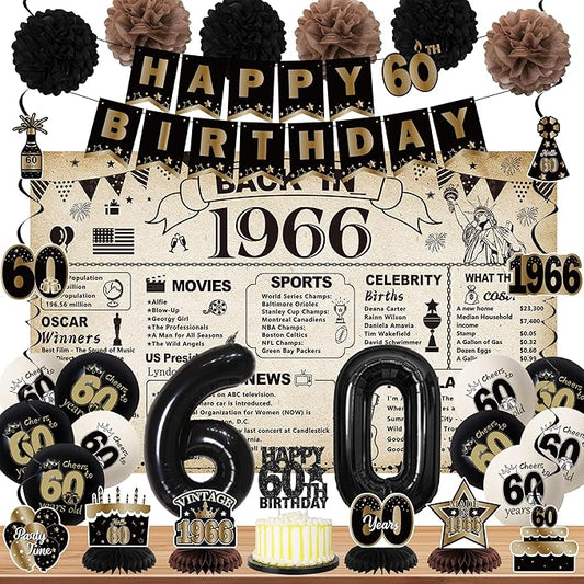 DARUNAXY 60th Birthday Party Decorations for Men Women, Vintage Back in 1966 Banner, Black 60 Number Balloons & Cake Topper, Vintage 1966 60 Birthday Honeycomb Hanging Swirl Confetti Balloons(30PC)