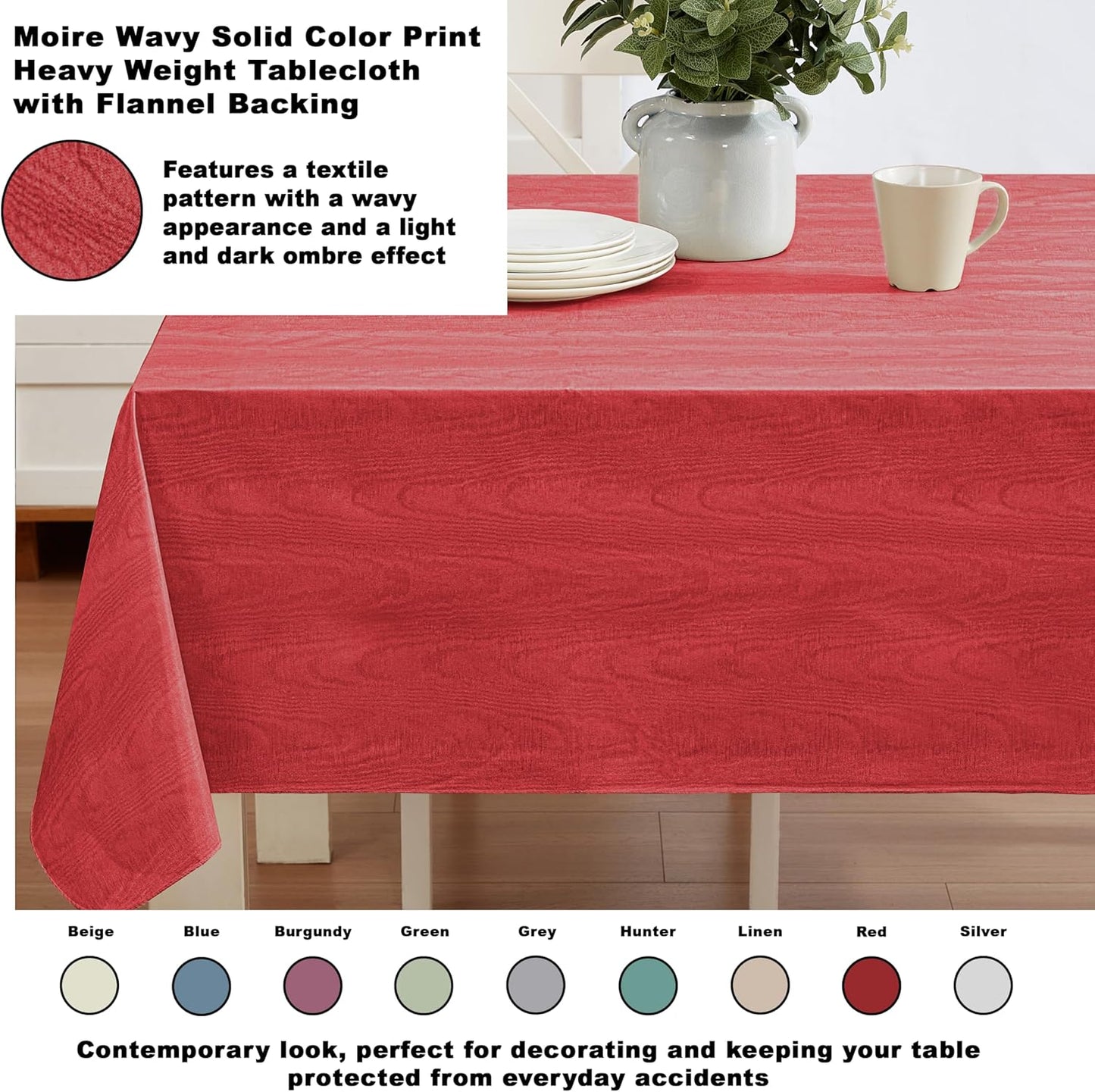 Newbridge Vinyl Flannel Backed Tablecloth, 60 x 120 Inch Rectangle, Red Moire Wavy Solid Design, Heavyweight Indoor Outdoor Waterproof Table Cover, Easy Care Wipe Clean