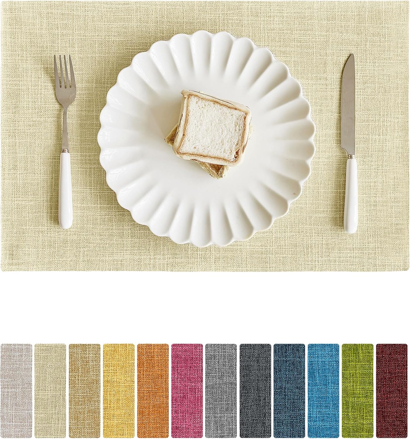 Softalker Faux Linen Placemats Set of 4-12 x 18 Inch, Heat Resistant Double Layered Durable Burlap Farmhouse Place Mats, Non-Slip Washable Rustic Table Mats for Dining, Kitchen, Party（Light Linen