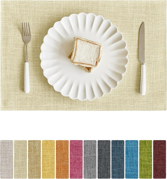 Softalker Faux Linen Placemats Set of 8-12 x 18 Inch, Heat Resistant Double Layered Durable Burlap Farmhouse Place Mats, Non-Slip Washable Rustic Table Mats for Dining, Kitchen, Party（Light Linen