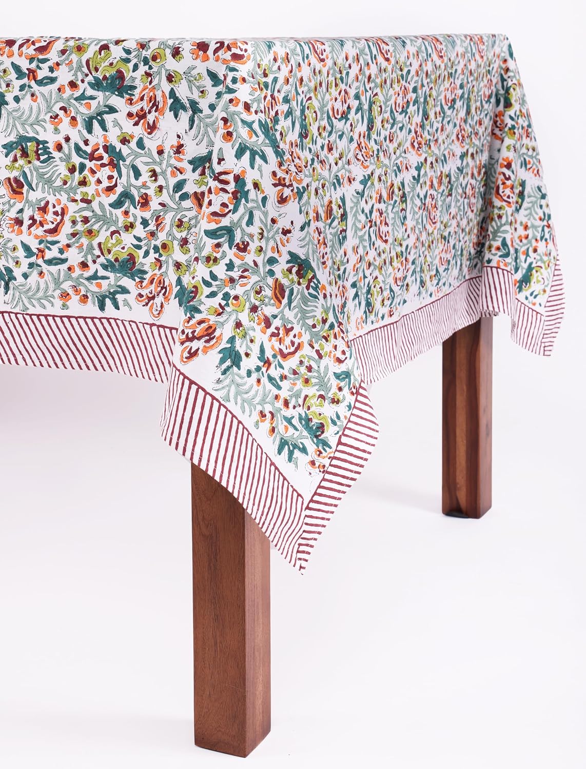 ATOSII Ambrosia Green Floral 100% Cotton Rectangle Fall Tablecloth, Handblock Print Linen Table Cloth for Kitchen Dining I Parties, Weddings, Outdoors, Christmas, Thanksgiving Decor 60 X 90 Inches
