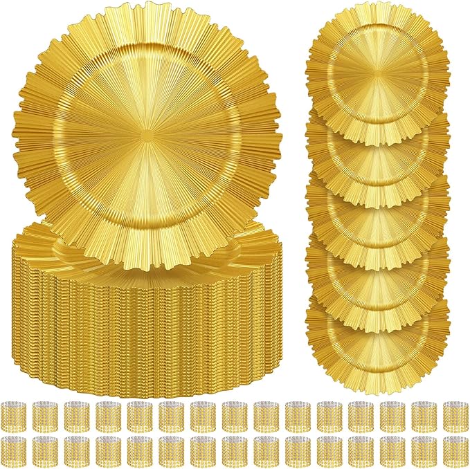 Tanlade 50 Set Bright Gold Charger Plates Bulk with Napkin Rings Plastic 13" Plate Charger Fluted Edge Wedding Decoration for Table Wedding Party Event(Gear)