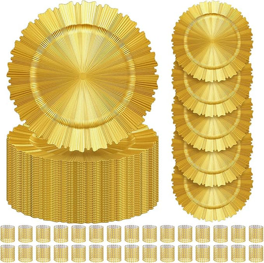Tanlade 50 Set Bright Gold Charger Plates Bulk with Napkin Rings Plastic 13" Plate Charger Fluted Edge Wedding Decoration for Table Wedding Party Event(Gear)