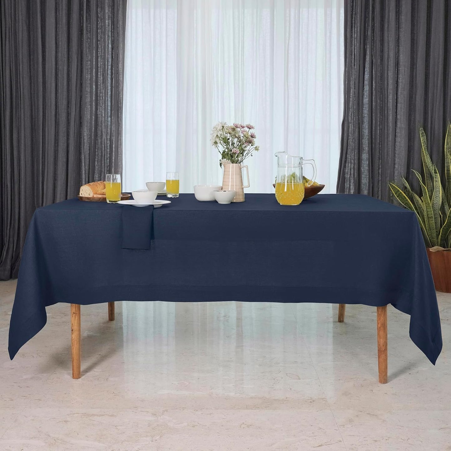 D'Moksha Homes Linen Tablecloth for Rectangle Tables 60 x 132 Inch - 100% Pure Linen Navy Blue Table Cloth - Machine Washable Cloth Tablecloth for Fall, Autumn and Halloween