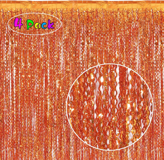 4 Pack Orange Wavy Metallic Tinsel Foil Fringe Curtains | 3.3 ft x 6.6 ft Party Streamer Backdrop Photo Booth for Orange Basketball Party Decorations Holloween Christmas