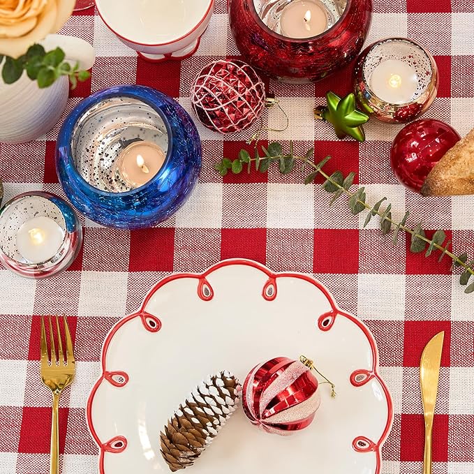 Table Cloth Rectangle Table-Rustic Gingham Tablecloth Buffalo Plaid Table Cloth for Thanksgiving Christmas Kitchen Dining Room (55x120 Inch,Red and White)