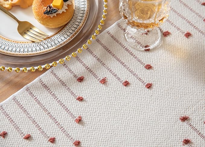 Caflife Boho Table Runner 13 x 108 Inch Long Natural Cotton Woven Runner with Tassels for Home Dining Table décor, for Modern Farmhouse Decor Coffee Table Runner, Rust and Beige