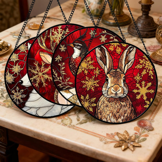 Stained Glass Window Hanging 4 Pcs Set Red Golden Snowflakes 6.3" - Christmas Elk Rabbit Suncatcher Door Garden Sun Catcher Decor Birthday for Mom Woman Nana Men