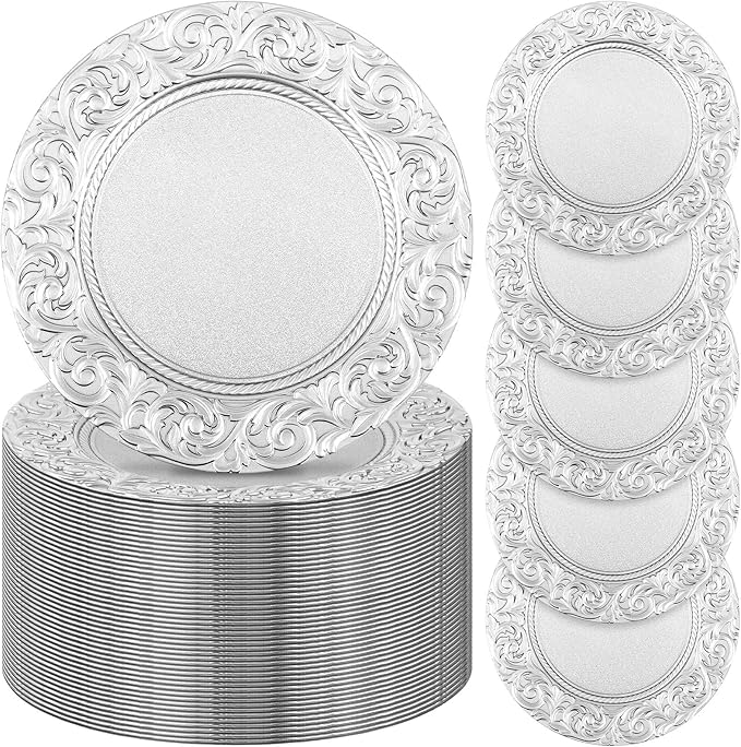 Uiifan 100 Pcs Antique Charger Plates Bulk 13'' Plastic Plate Chargers Decorative Embossed Rim Round Plates for Wedding Party Event Dinner Kitchen Table Setting Decoration (Silver)