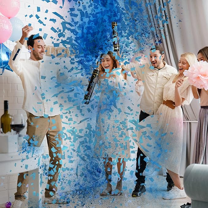 Gender Reveal Confetti Powder Cannon Biodegradable Baby Boy Blue Baby Girl Pink Gender Reveal Poppers - He or She What Will it Bee Baby Shower Baby Party Decorations Supplies Confetti Sticks (4 Blue)