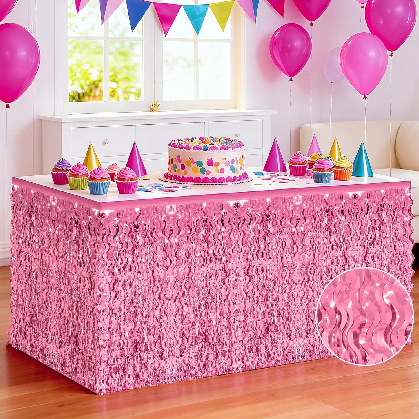 Valentines Day Table Skirt Decor, 2 Pack Pink Foil Grass Table Skirt, Metallic Wavy Tinsel Foil Fringe Table Skirts, Table Skirts for Wedding Birthday Graduations Valentines Day Parade Party