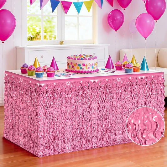 Valentines Day Table Skirt Decor, 2 Pack Pink Foil Grass Table Skirt, Metallic Wavy Tinsel Foil Fringe Table Skirts, Table Skirts for Wedding Birthday Graduations Valentines Day Parade Party