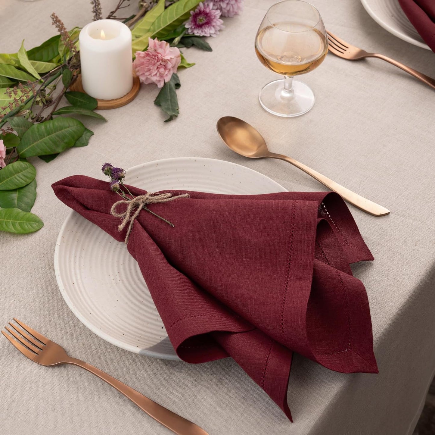 D'Moksha Homes Dark Red Linen Napkins Set of 4 - Classic Hemstitch 100% Pure Linen Hemstitch Dinner Napkins 20 x 20 Inch for Fall, Thanksgiving, Christmas, Holiday - Handcrafted and Machine Washable