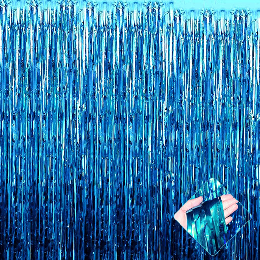 4 Pack 3.3Ft x 6.6Ft Lake Blue Foil Fringe Curtain Backdrop, Metallic Tinsel Foil Fringe Streamers Curtains Background for Photo Booth, Birthday, Wedding, Halloween, Christmas Party Decoration