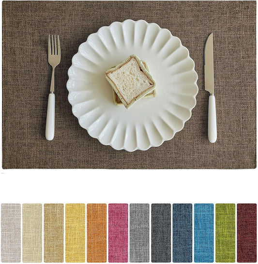 Softalker Faux Linen Placemats Set of 12-12 x 18 Inch, Heat Resistant Double Layered Durable Burlap Farmhouse Place Mats, Non-Slip Washable Rustic Table Mats for Dining, Kitchen, Party（Brown