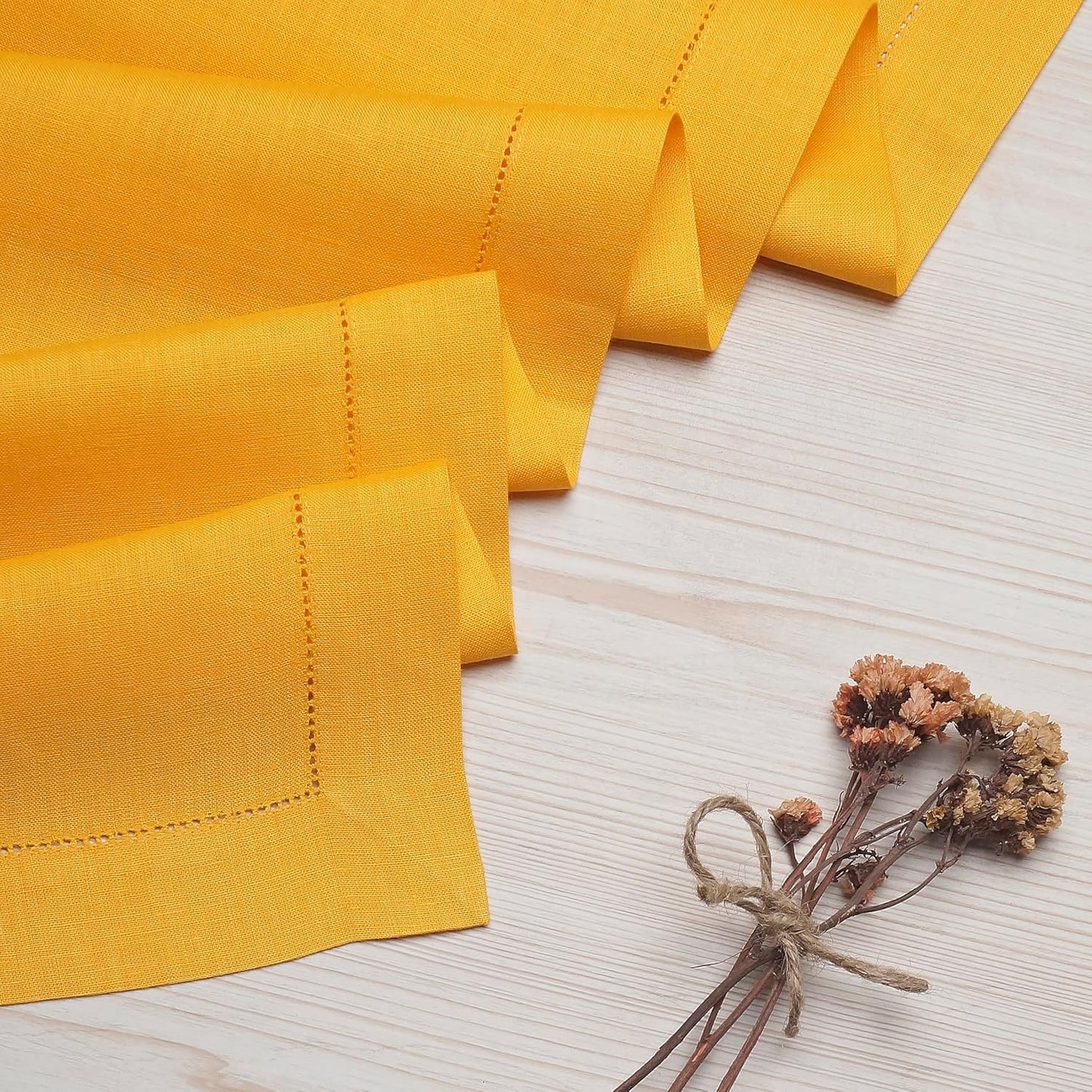 D'Moksha Homes Linen Sunflower Yellow Table Runner 48 Inches - Classic Hemstitch, 100% Pure Linen Coffee Table Runner 14 x 48 Inch Ideal for Dresser Tables - Fall, Autumn and Halloween
