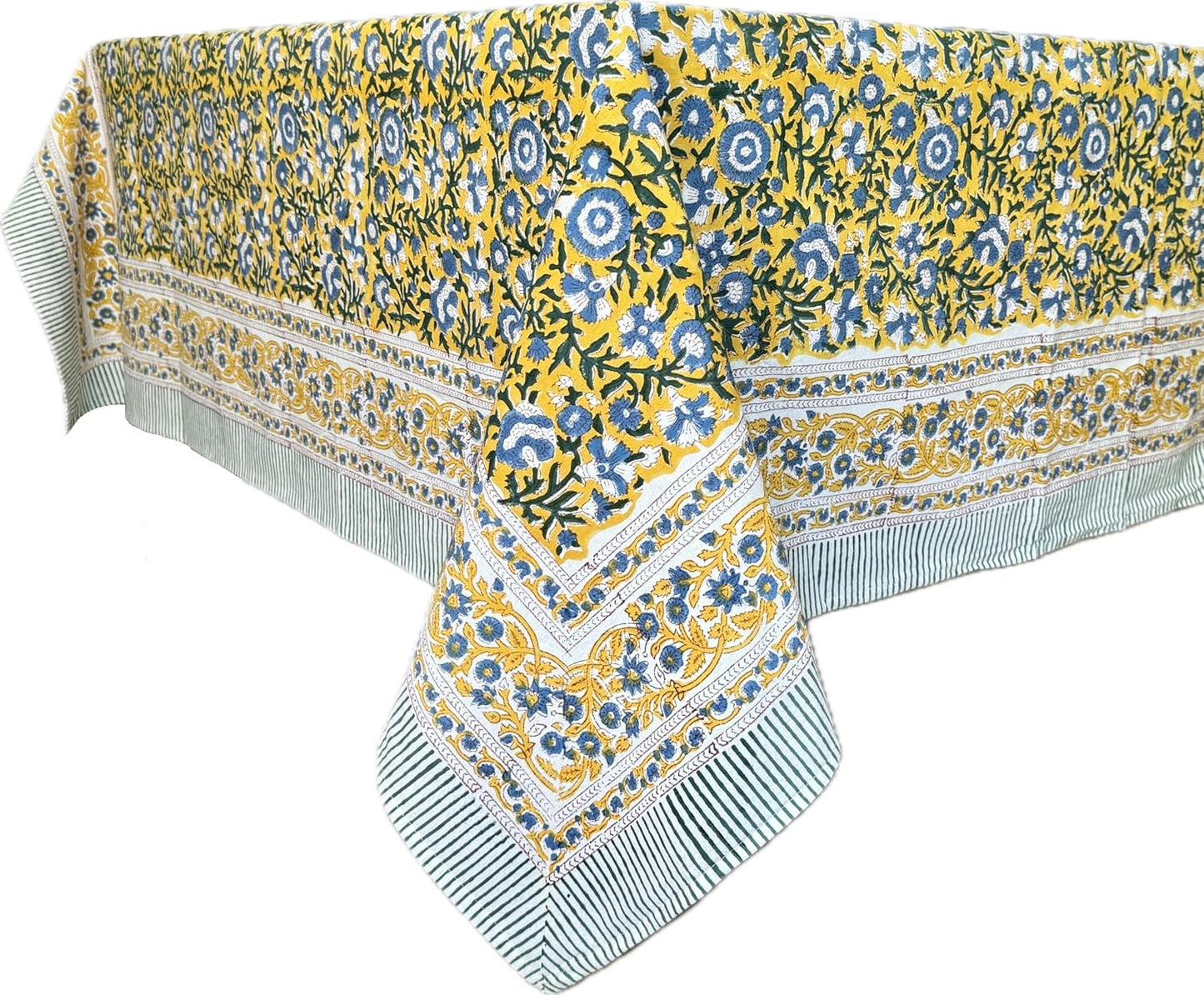 ATOSII Marigold Blue Yellow 100% Cotton Fall Tablecloth, Handblock Print Rectangle Table Cover for Kitchen Dining Linen I Parties, Weddings, Outdoors, Easter Table Decor 60 X 90 Inches I 6 Seater