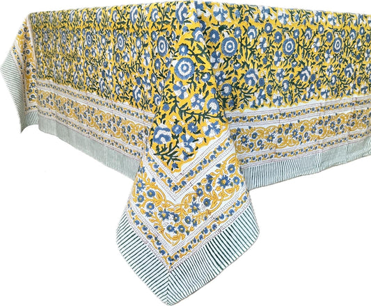 ATOSII Marigold Blue Yellow 100% Cotton Fall Tablecloth, Handblock Print Rectangle Table Cover for Kitchen Dining Linen I Parties, Weddings, Outdoors, Easter Table Decor 60 X 90 Inches I 6 Seater