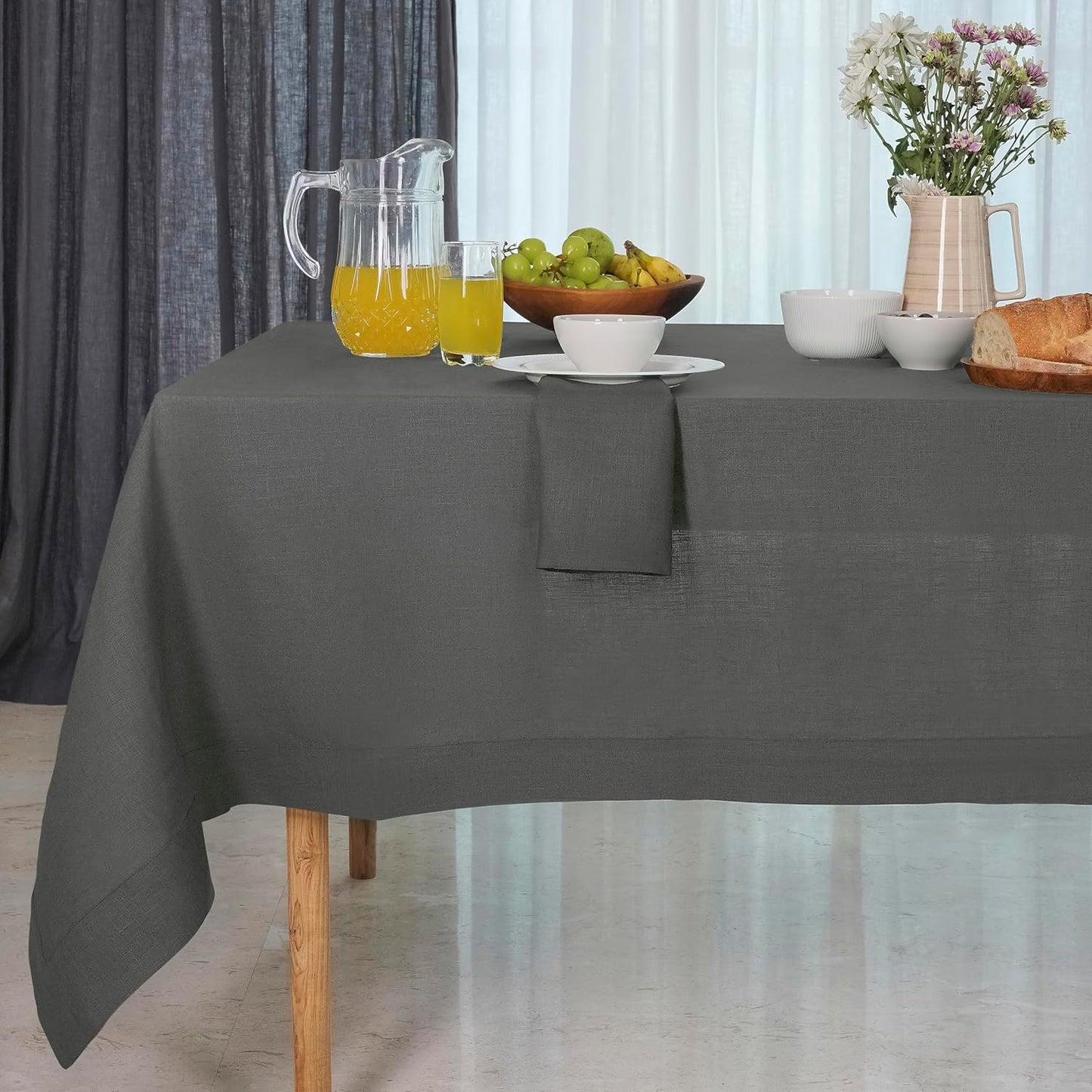 D'Moksha Homes Linen Tablecloth 60 x 90 Inch - 100% Pure Linen Charcoal Grey Tablecloth for Rectangle Tables - Machine Washable Table Cloth for Fall, Autumn and Halloween