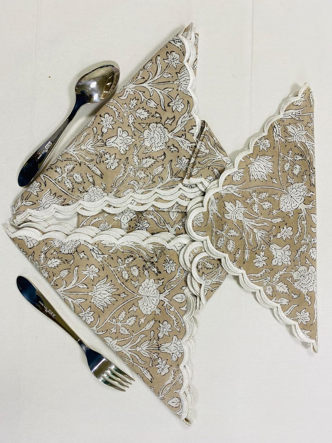 Ridhi Taupe Hand Block Print Napkins 18" x 18" Set of 4 Reusable Cotton Dinner Napkins for Weddings, Parties & Everyday Dining, Thanksgiving, Christmas, Fall
