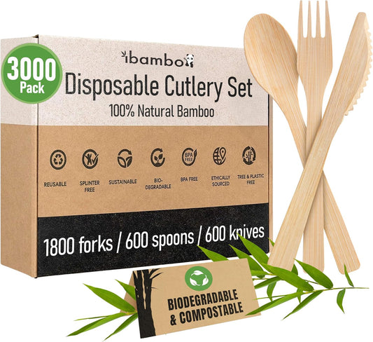 Ibambo 100% Bamboo Cutlery Set - 3000 Utensil Disposable Set (1800 Forks, 600 Spoons, 600 Knives) | Reusable or Disposable Utensils for Party | FSC Certified Flatware for Weddings, Camping, Parties