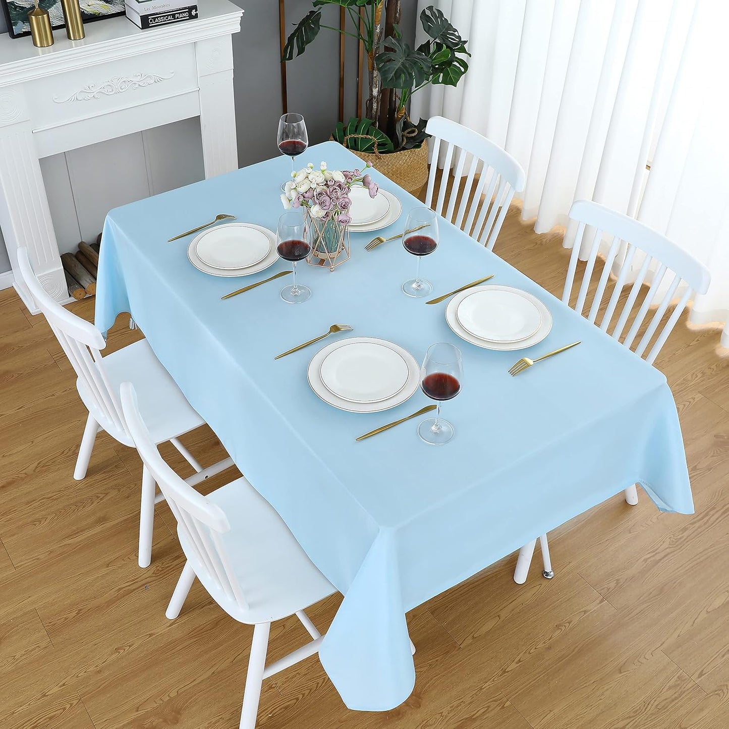 FOLINS&HOME Baby Blue Rectangle Tablecloth 60 x 102 Wrinkle Free Waterproof Polyester Table Cloth, Spillproof Heavy Duty Washable Table Cover for Party, Banquet, Indoor and Outdoor-Oblong/Rectangular