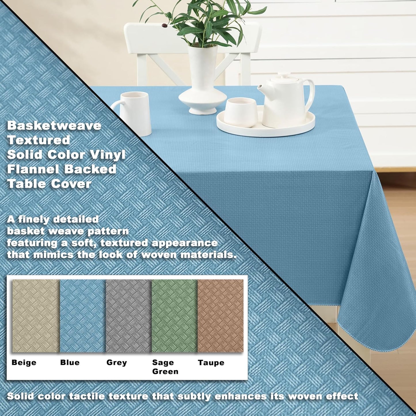 Newbridge Basketweave Vinyl Flannel Backed Tablecloth, 60 x 102 Inch Rectangle, Blue, Basket Weave Textured Indoor Outdoor Waterproof Table Cover for Patio, Kitchen, Dining