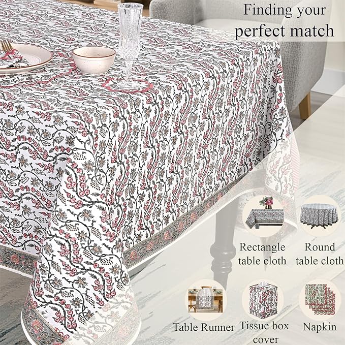 Ridhi Hand Block Print Coral Pink Rectangle Cotton Tablecloth 108" x 60" Reusable Table Cover Decorative Everyday Use for Dining, Farmhouse, Home Gift for Spring, Easter, Valentine