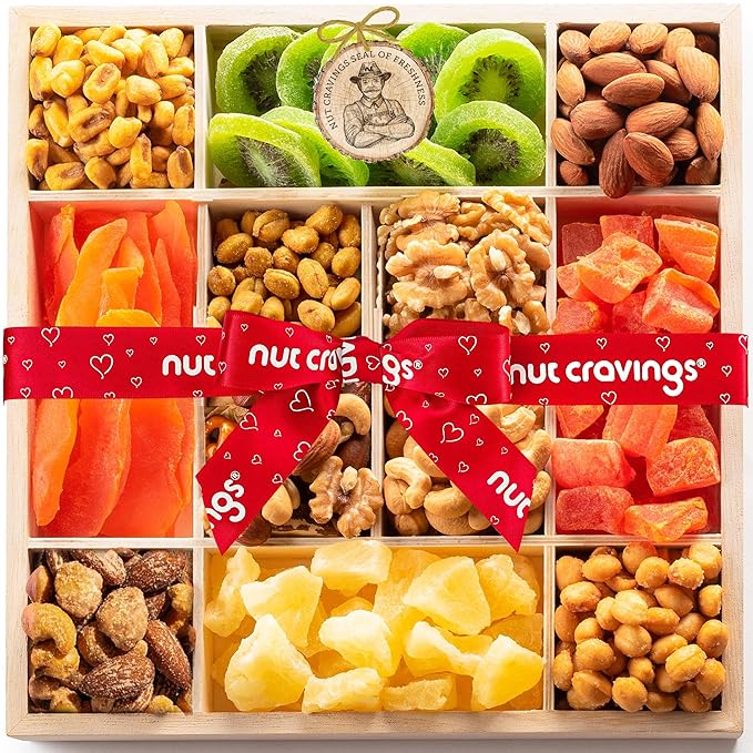 NUT CRAVINGS - Halloween Treats For Adults Dried Fruit & Mixed Nuts Gift Basket in Reusable Wooden Tray + Ribbon (12 Assortments) Holiday Xmas Christmas Food Arrangement, Healthy Snack Care Package,
